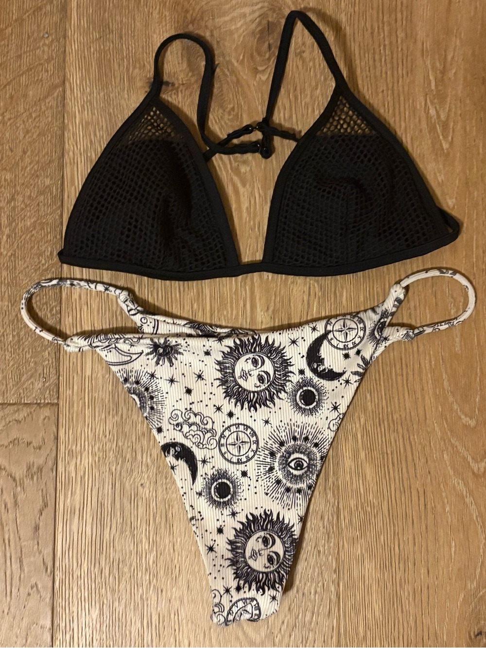Black Mesh Triangle Bikini Top with White Sun & Moon Print Bottom - Women's Swim